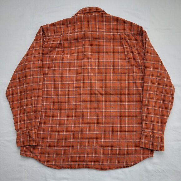 L.L. Bean Mens Plaid Flannel Shirt Orange Brown Elbow Patches Large Outdoorsman - Picture 8 of 9